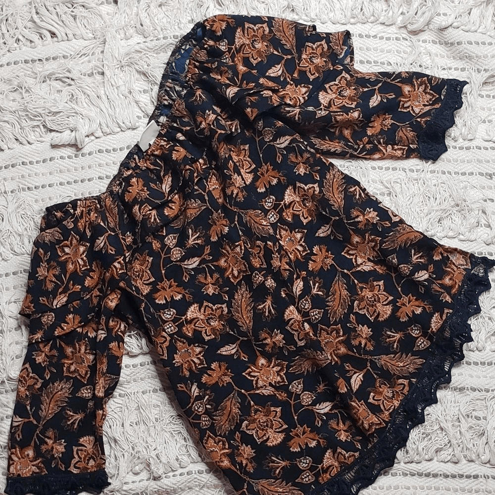 Off The Shoulder Ruffle Peasant Blouse - Deep Navy Sepia Flowers - XS - Picture 2 of 9